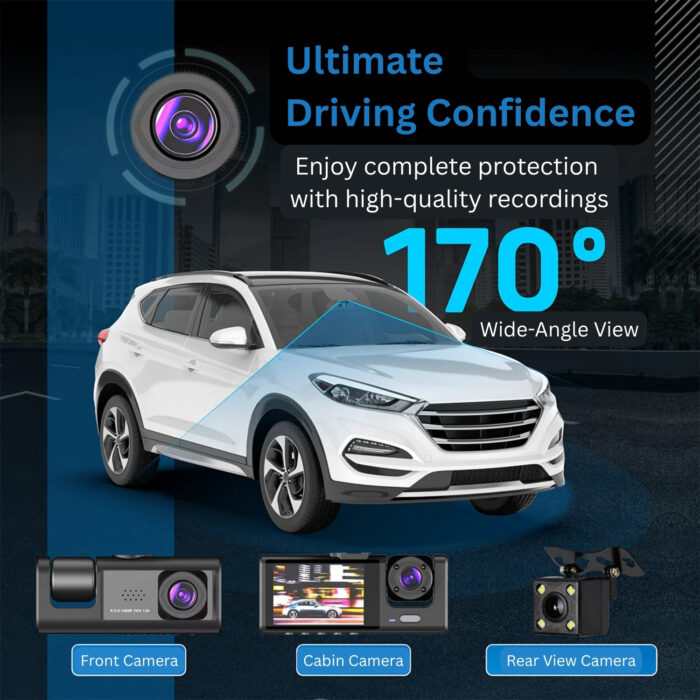 Dash Cam 1080P Front Rear Inside | 3 Camera Car DVR Night Vision G-Sensor Loop Recording - Image 2